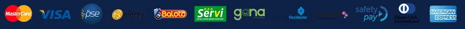 Medios de pago aceptados: MasterCard, Visa, PSE, Efecty, Baloto, SuRed, Gana, Banco de Occidente, Puntored, SafetyPay, Diners Club y American Express