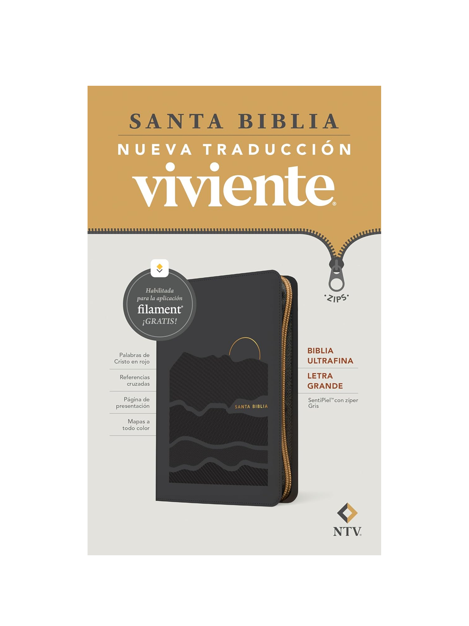 Biblia NTV Gris /Cierre Letra Grande/ Ultrafina Filament