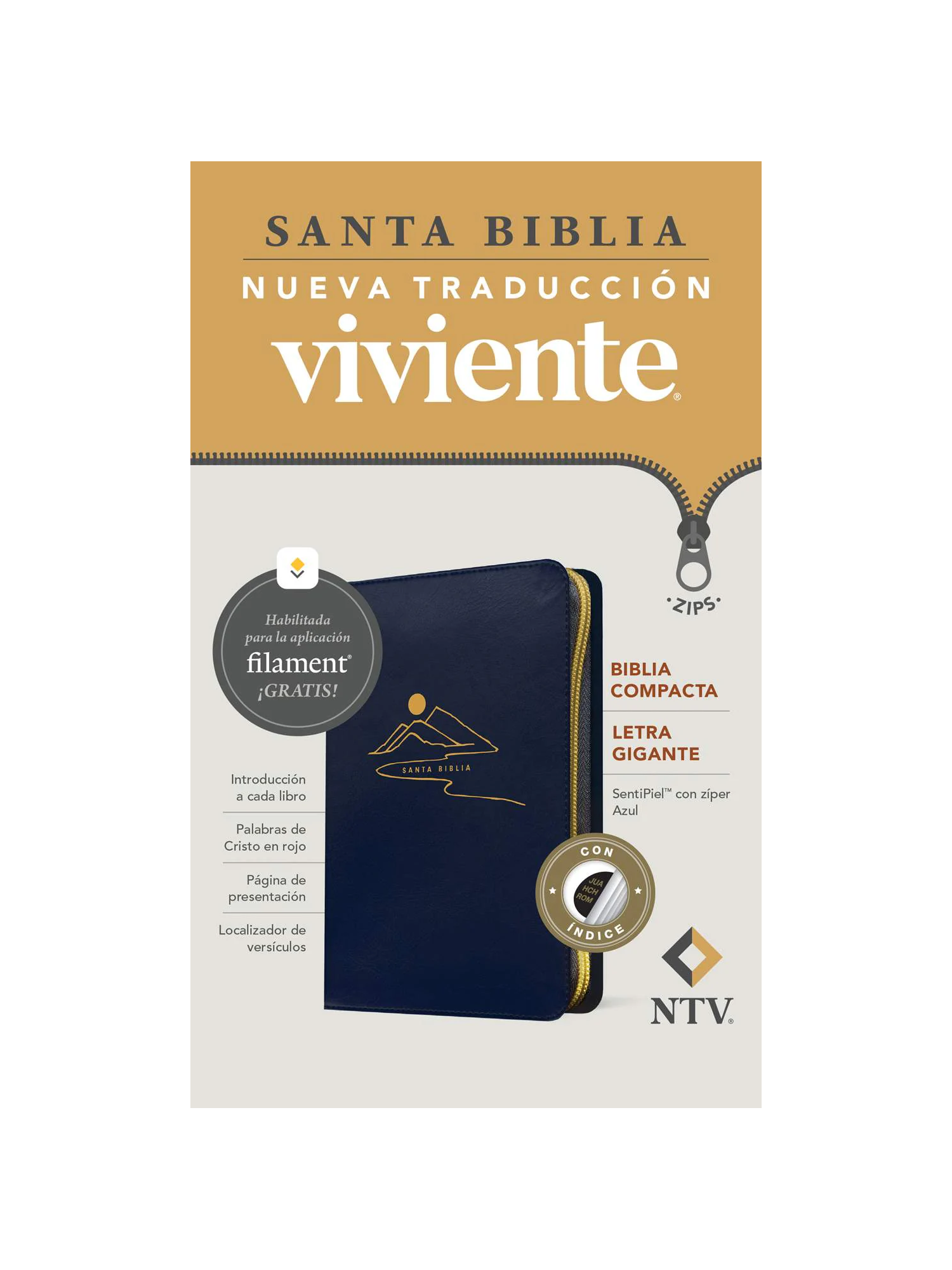 Biblia NTV Compacta Letra Gigante con Filament Símil Piel Azul Índice Letra Roja Cierre 1 Biblia NTV Compacta Azul con Filament Símil Piel Letra Gigante Índice Letra Roja Cierre