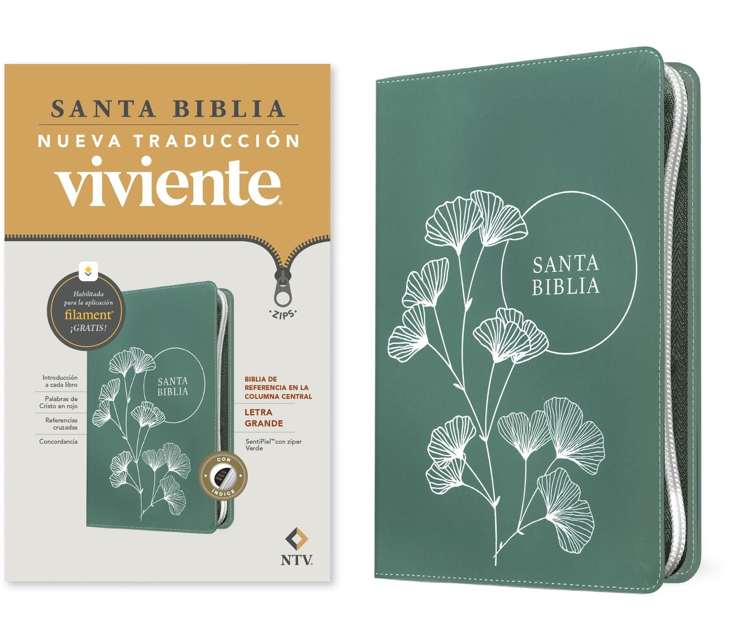 Biblia de referencia en la columna central, letra grande de zíper con Filament (SentiPiel, Verde, Índice, Letra Roja), NTV 1 Biblia de referencia en la columna central, letra grande de zíper con Filament (SentiPiel, Verde, Índice, Letra Roja), NTV
