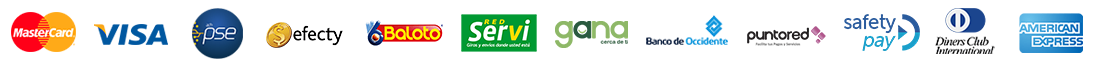 Medios de pago aceptados: MasterCard, Visa, PSE, Efecty, Baloto, SuRed, Gana, Banco de Occidente, Puntored, SafetyPay, Diners Club y American Express