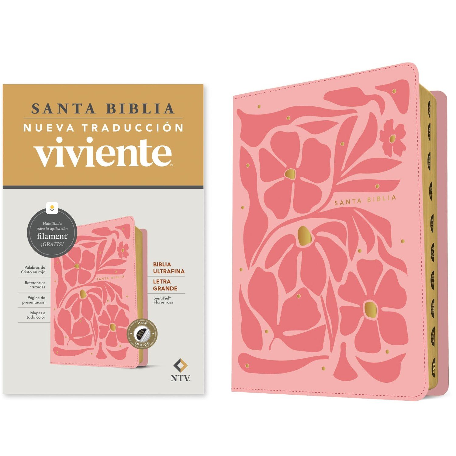Biblia NTV Ultrafina Letra Grande con Filament Símil Piel Flores Rosa Índice Letra Roja 1 Biblia NTV Ultrafina Letra Grande con Filament Símil Piel Flores Rosa Índice Letra Roja